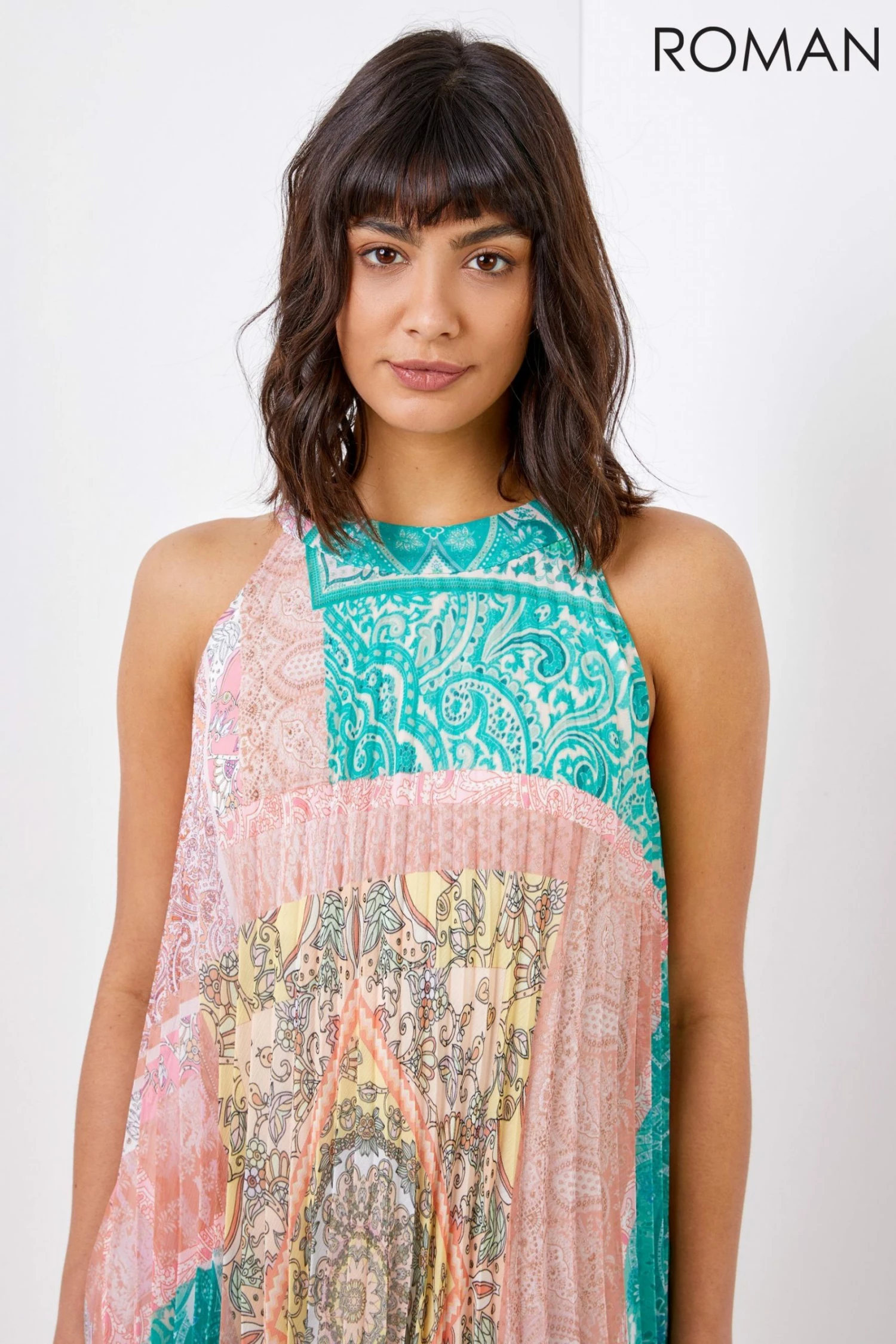 Roman Pink High Neck Paisley Pleated Swing Dress 6 Roman Pink High Neck Paisley Pleated Swing Dress - Image 4