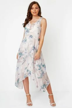 Roman Pink Floral Chiffon Frill Midi Dress