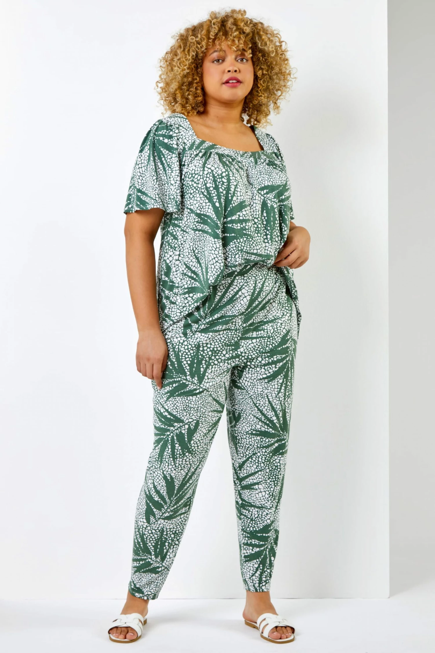 Roman Khaki Green Curve Leaf Print Jersey Tapered Trouser 4 Roman Khaki Green Curve Leaf Print Jersey Tapered Trouser - Image 2