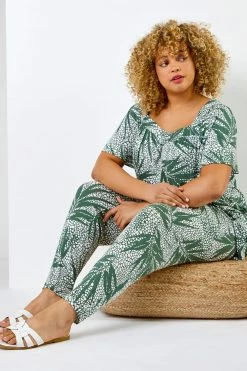 Roman Khaki Green Curve Leaf Print Jersey Tapered Trouser 10 Roman Khaki Green Curve Leaf Print Jersey Tapered Trouser -Roman Sales Shop unnamed file 10662