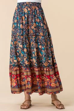 Roman Navy Floral Border Print Maxi Skirt
