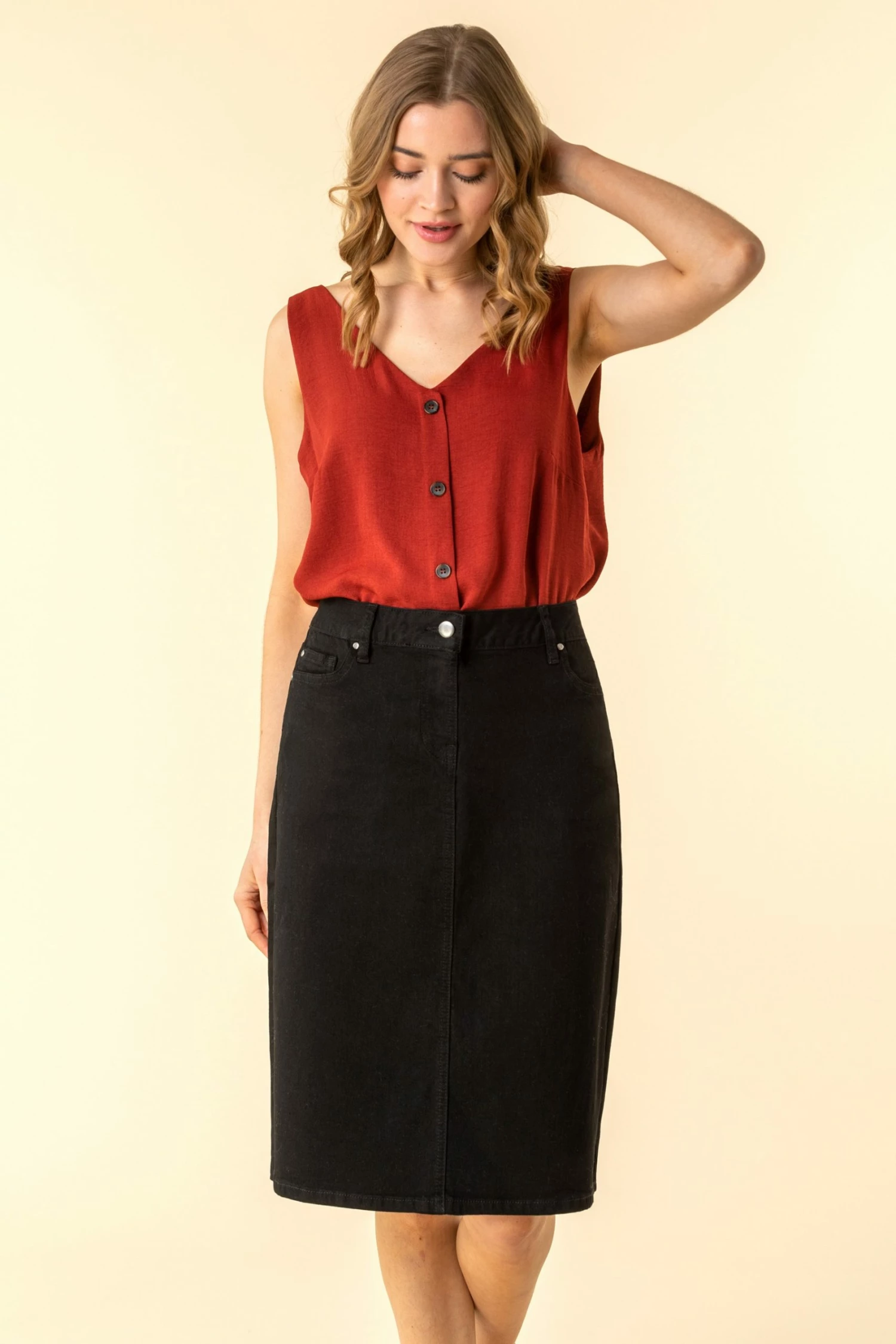 Roman Black A Line Knee Length Denim Skirt 4 Roman Black A Line Knee Length Denim Skirt - Image 2