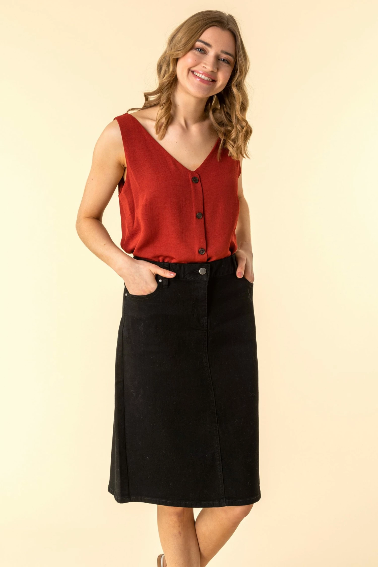 Roman Black A Line Knee Length Denim Skirt 6 Roman Black A Line Knee Length Denim Skirt - Image 4