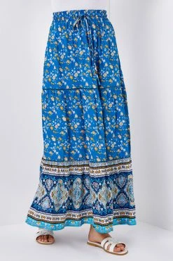 Roman Blue Tiered Floral Print Maxi Skirt