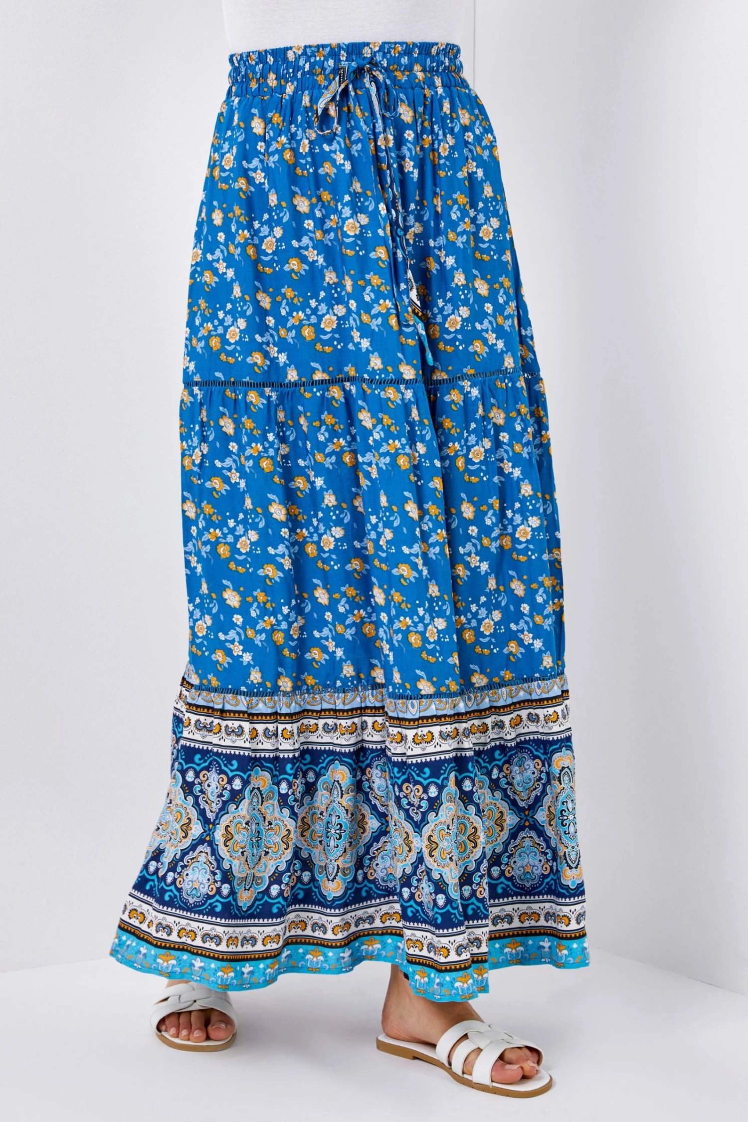 Roman Blue Tiered Floral Print Maxi Skirt 3 Roman Blue Tiered Floral Print Maxi Skirt