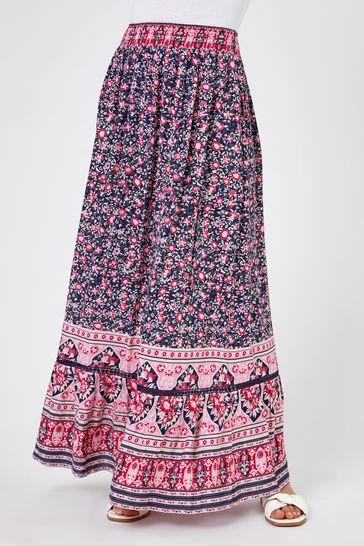 Roman Blue Tiered Floral Print Maxi Skirt 8 Roman Blue Tiered Floral Print Maxi Skirt - Image 6