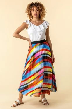 Roman Bright Multi Print Rainbow Striped Pleated Maxi Skirt -Roman Sales Shop unnamed file 10770