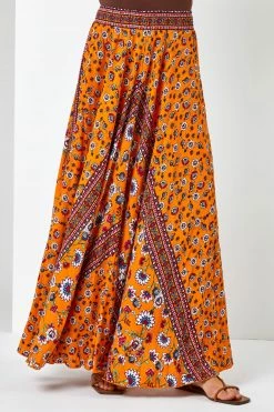 Roman Orange Boho Floral Print Maxi Skirt