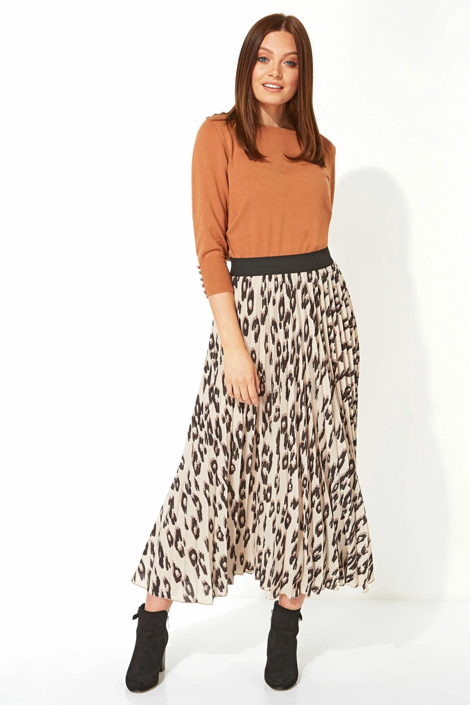 Roman Brown Animal Print Pleated Maxi Skirt 3 Roman Brown Animal Print Pleated Maxi Skirt