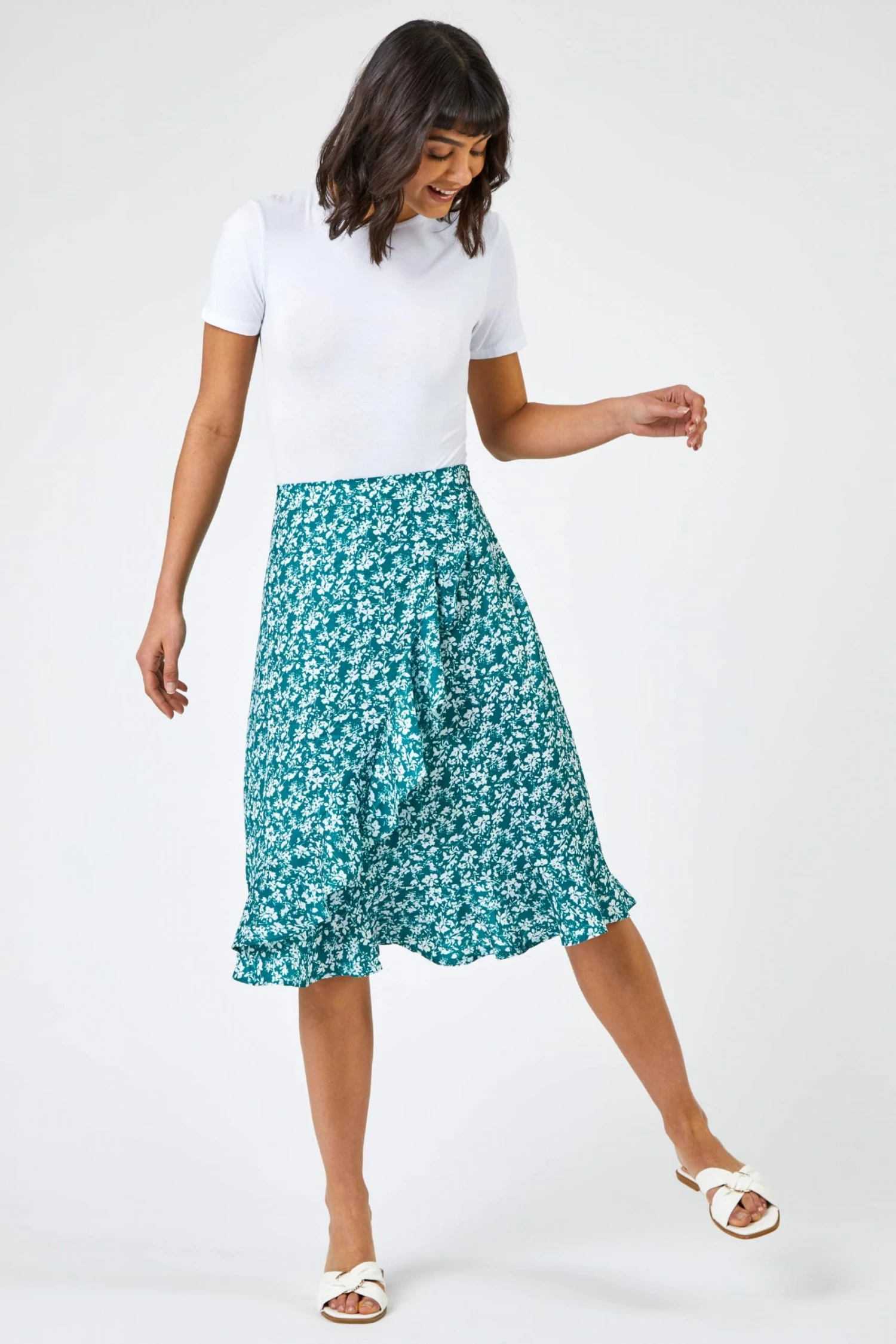 Roman Blue Ditsy Floral Frill Wrap Skirt 6 Roman Blue Ditsy Floral Frill Wrap Skirt - Image 4