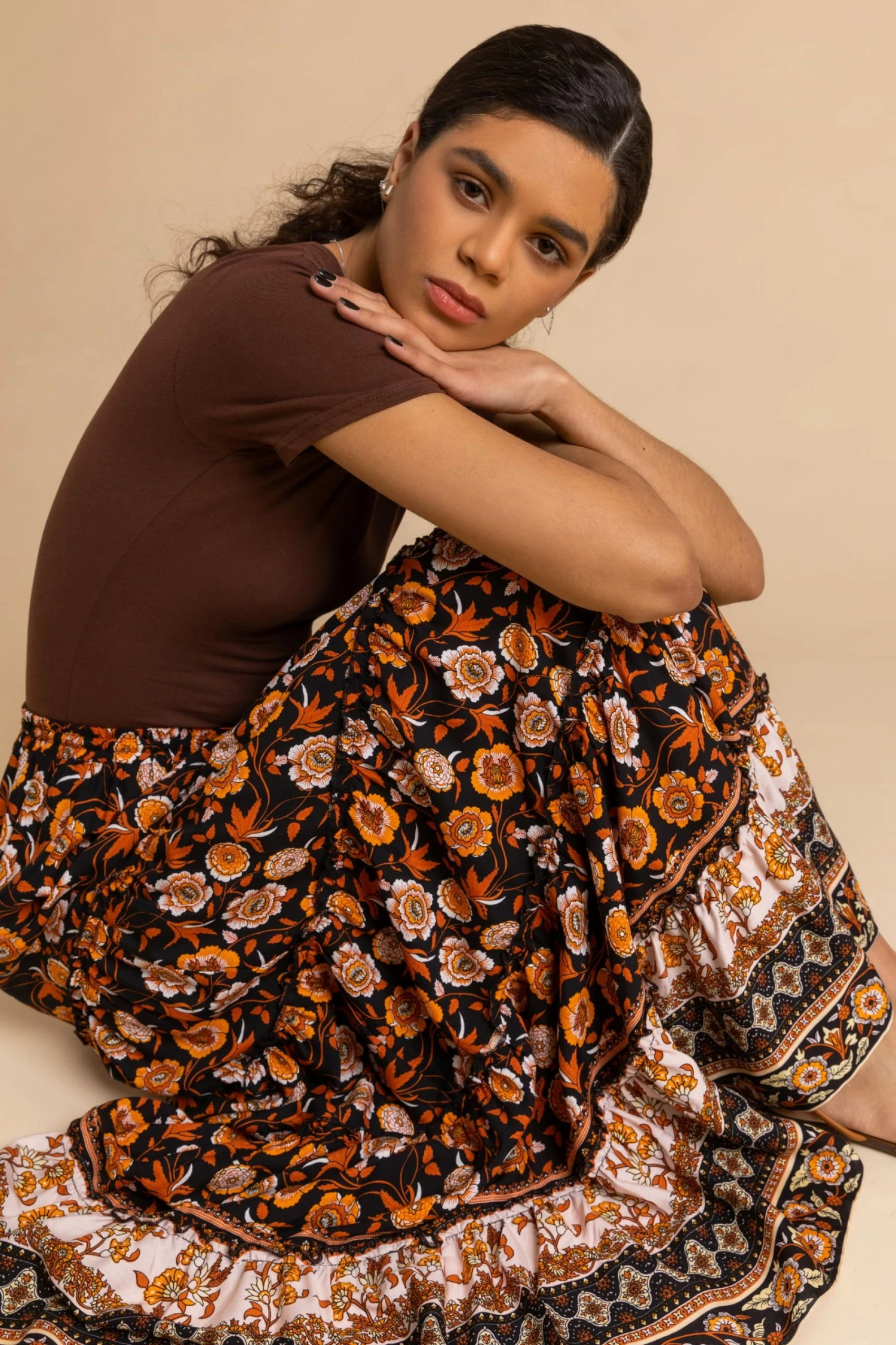 Roman Black Floral Boho Print Tiered Maxi Skirt 6 Roman Black Floral Boho Print Tiered Maxi Skirt - Image 4