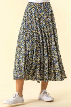 Roman Blue & Yellow Ditsy Floral Burnout Midi Skirt