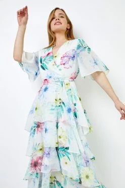 Roman White Petite Floral Print Tiered Dress