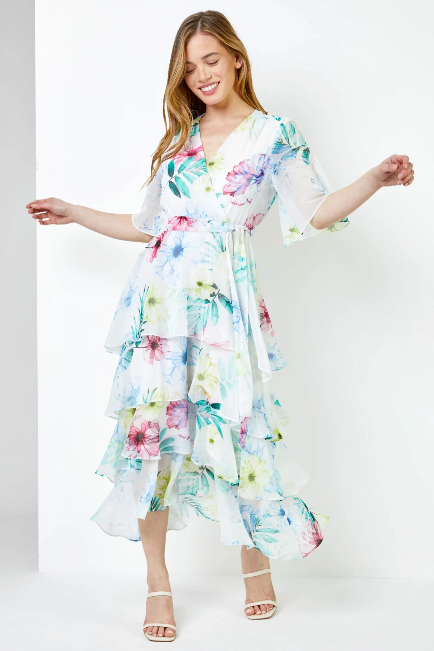 Roman White Petite Floral Print Tiered Dress 4 Roman White Petite Floral Print Tiered Dress - Image 2