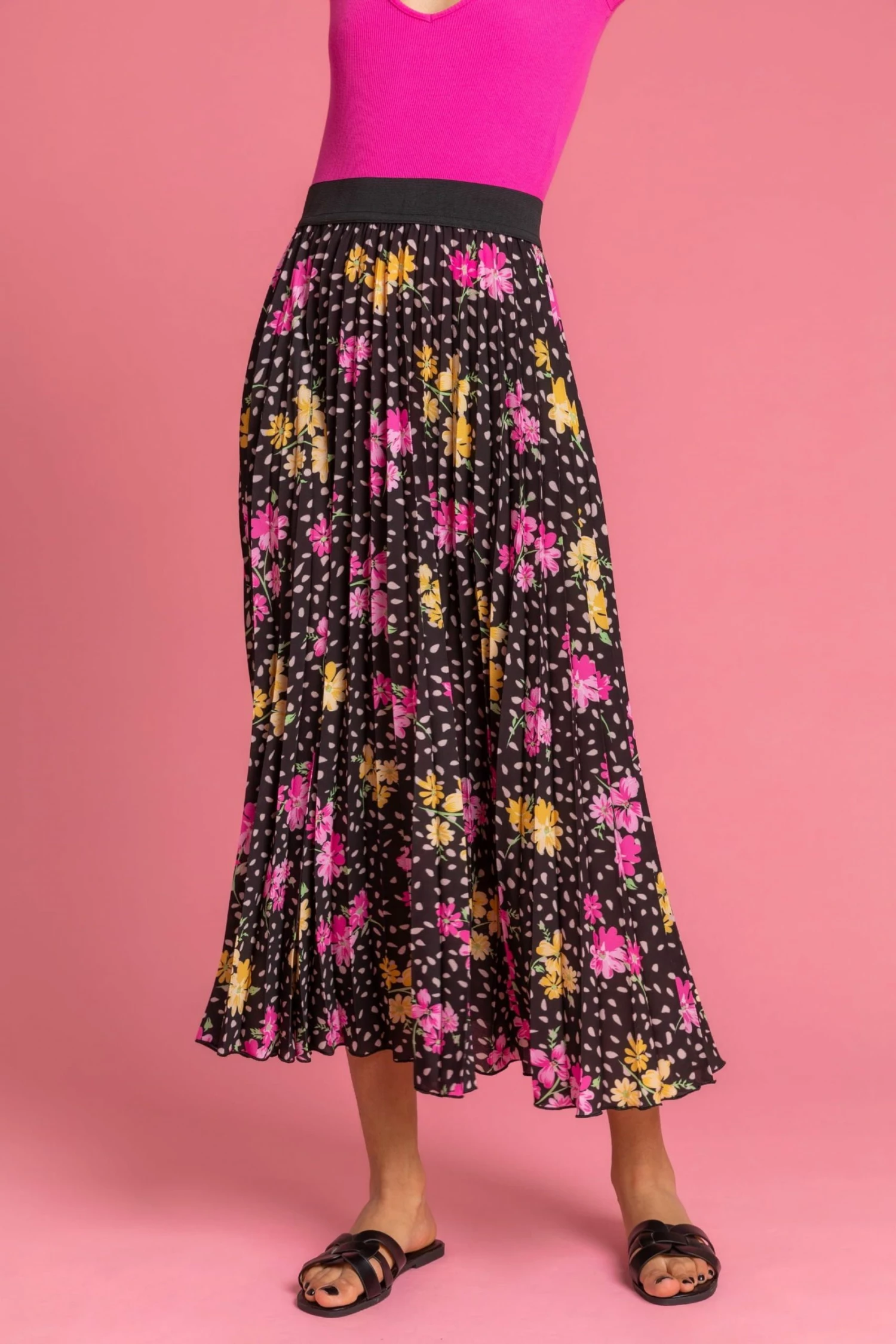 Roman Black Floral Spot Print Pleated Maxi Skirt 3 Roman Black Floral Spot Print Pleated Maxi Skirt