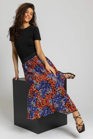 Roman Black Floral Spot Print Pleated Maxi Skirt 8 Roman Black Floral Spot Print Pleated Maxi Skirt - Image 6