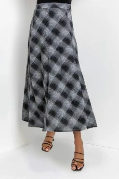 Roman Grey Check Print Flared Midi Skirt