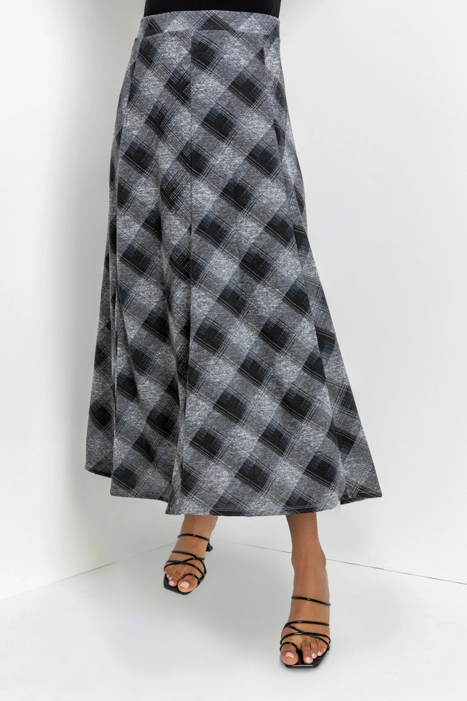 Roman Grey Check Print Flared Midi Skirt 3 Roman Grey Check Print Flared Midi Skirt