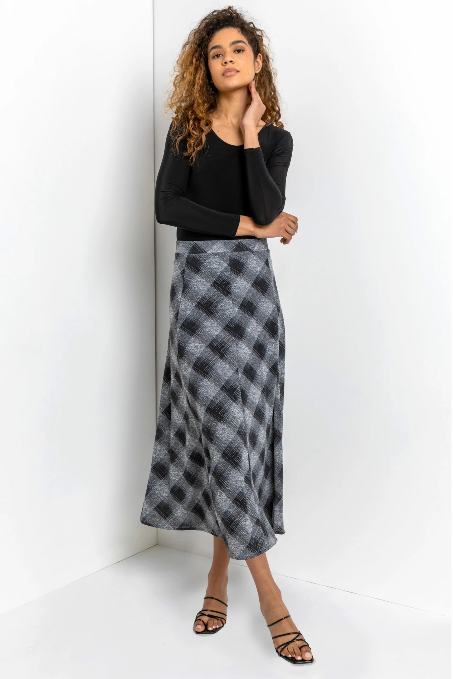 Roman Grey Check Print Flared Midi Skirt 4 Roman Grey Check Print Flared Midi Skirt - Image 2