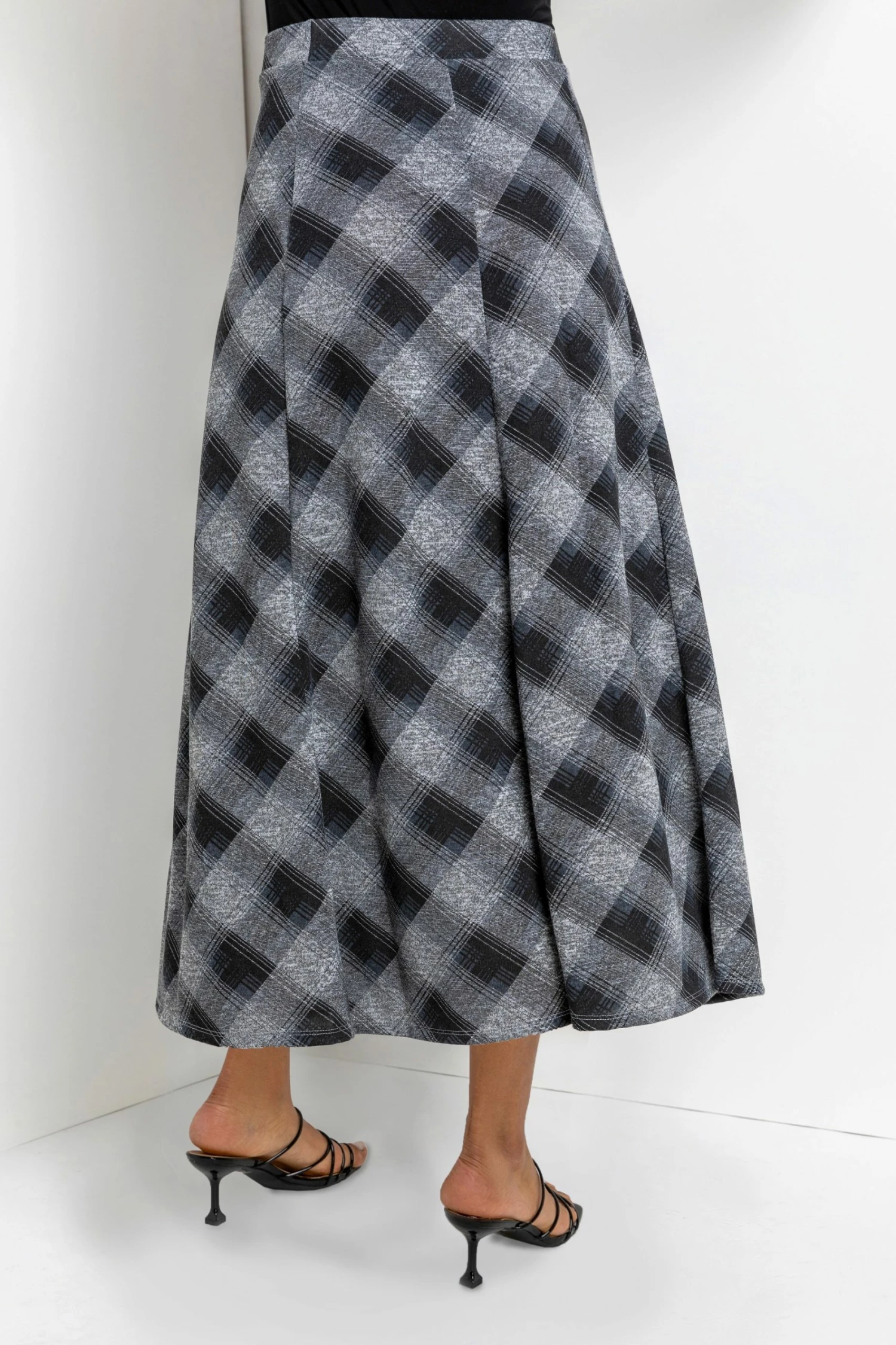 Roman Grey Check Print Flared Midi Skirt 5 Roman Grey Check Print Flared Midi Skirt - Image 3