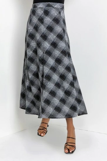 Roman Grey Check Print Flared Midi Skirt 7 Roman Grey Check Print Flared Midi Skirt - Image 5