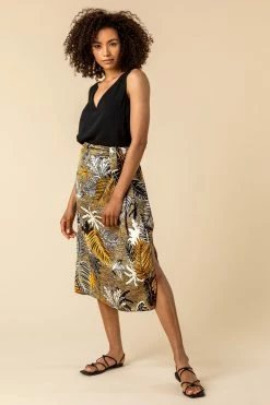 Roman Multi Tropical Print Pleat Detail Skirt