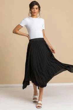 Roman Black Pleated Hanky Hem Midi Skirt