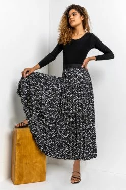 Roman Black Abstract Spot Pleated Maxi Skirt