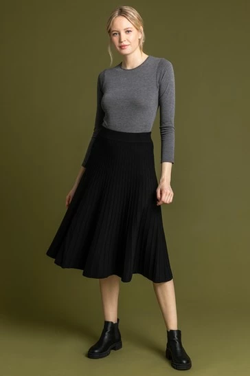 Roman Black Ribbed Knit Pleated Midi Skirt 8 Roman Black Ribbed Knit Pleated Midi Skirt - Image 6
