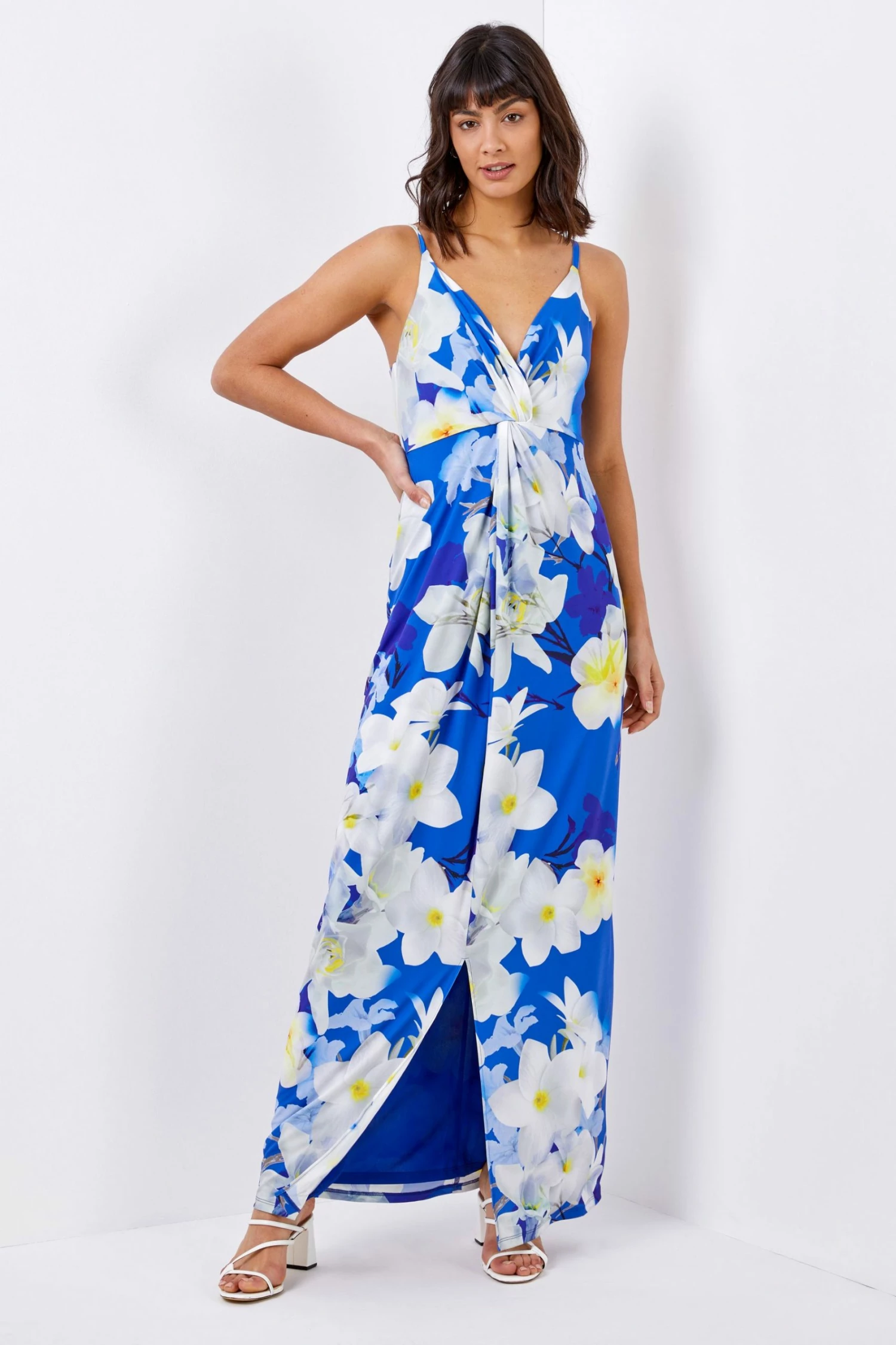 Roman Blue Floral Print Twist Front Maxi Dress 3 Roman Blue Floral Print Twist Front Maxi Dress