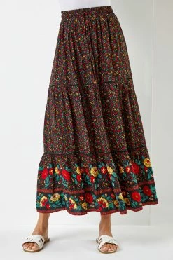 Roman Black Tiered Floral Print Maxi Skirt