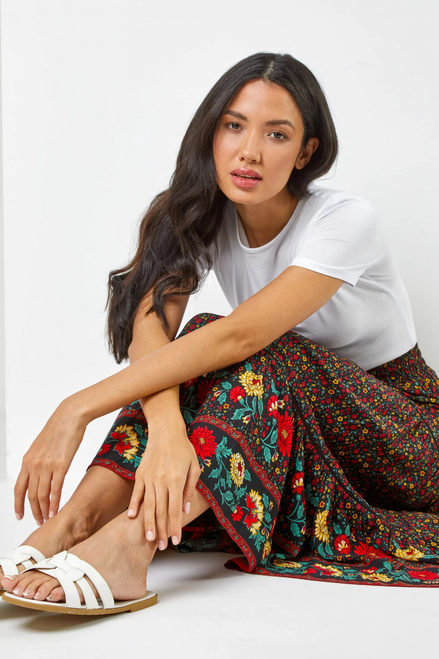 Roman Black Tiered Floral Print Maxi Skirt 7 Roman Black Tiered Floral Print Maxi Skirt - Image 5