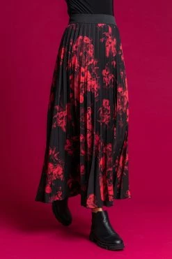 Roman Red Floral Print Pleated Maxi Skirt