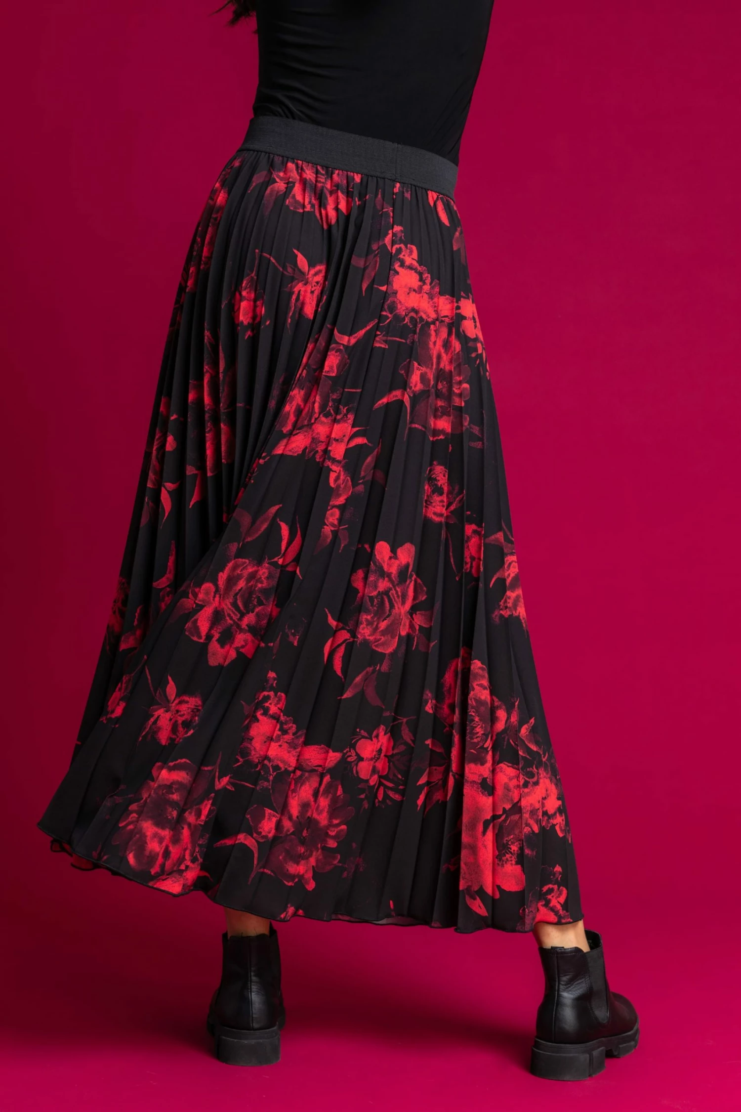 Roman Red Floral Print Pleated Maxi Skirt 4 Roman Red Floral Print Pleated Maxi Skirt - Image 2