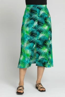 Roman Green Tropical Leaf Button Detail Midi Skirt