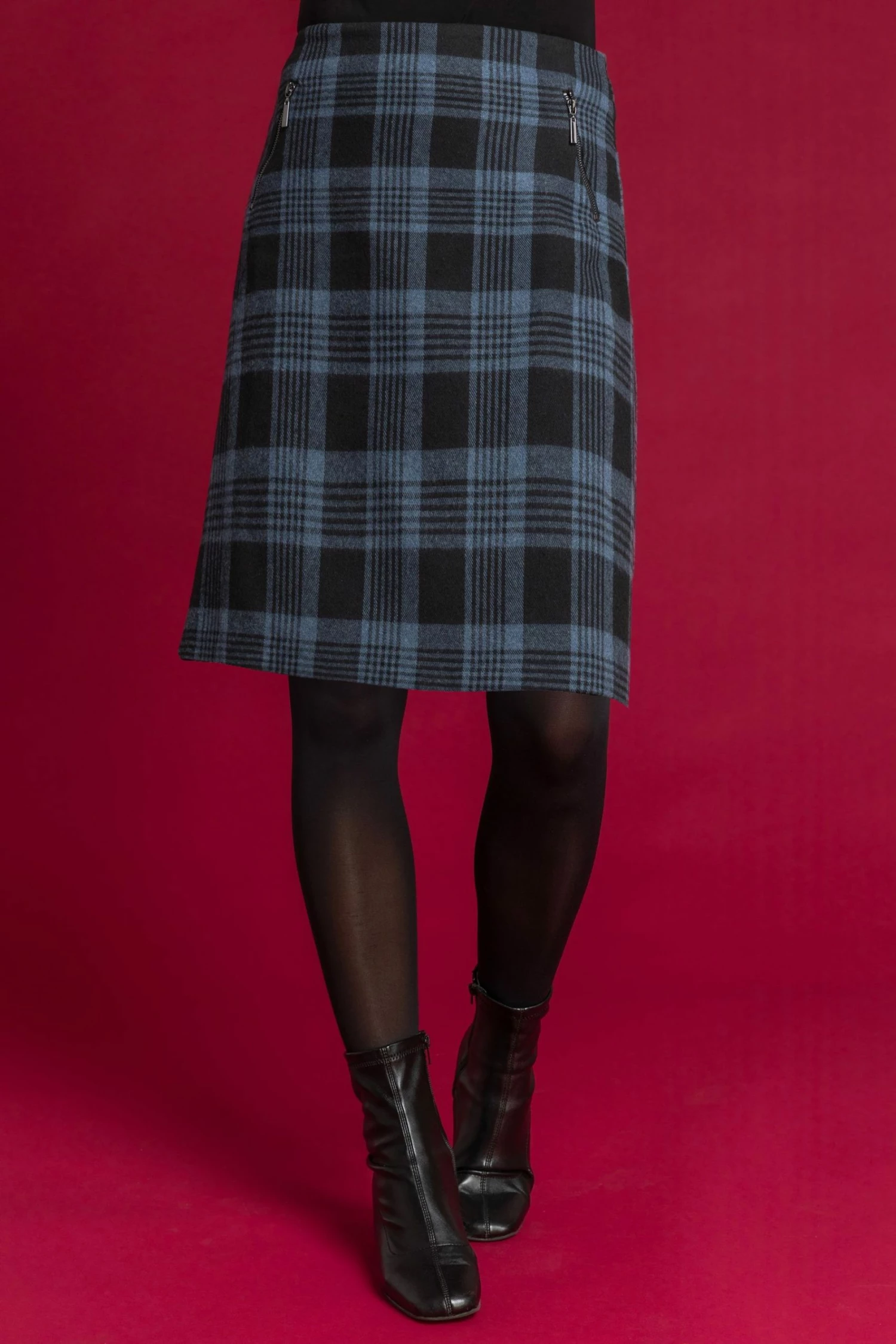 Roman Blue Check Print Zip Pocket Skirt 3 Roman Blue Check Print Zip Pocket Skirt