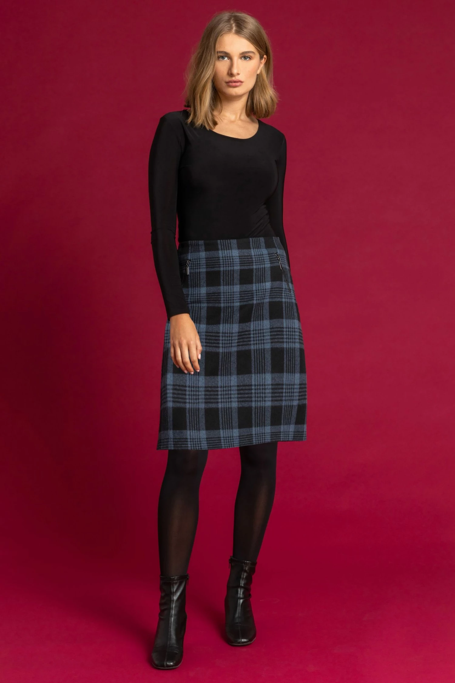 Roman Blue Check Print Zip Pocket Skirt 4 Roman Blue Check Print Zip Pocket Skirt - Image 2