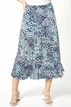 Roman Blue Crinkle Geometric Print Midi Skirt