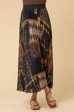 Roman Brown Animal Chain Print Pleated Skirt