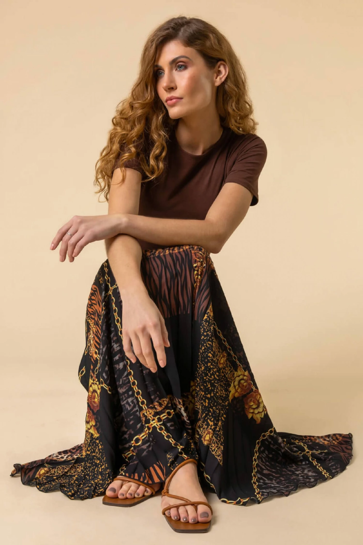 Roman Brown Animal Chain Print Pleated Skirt 6 Roman Brown Animal Chain Print Pleated Skirt - Image 4