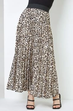 Roman Brown Petite Animal Print Pleated Midi Skirt