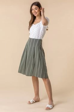 Roman Green Stripe Print Button A-Line Skirt