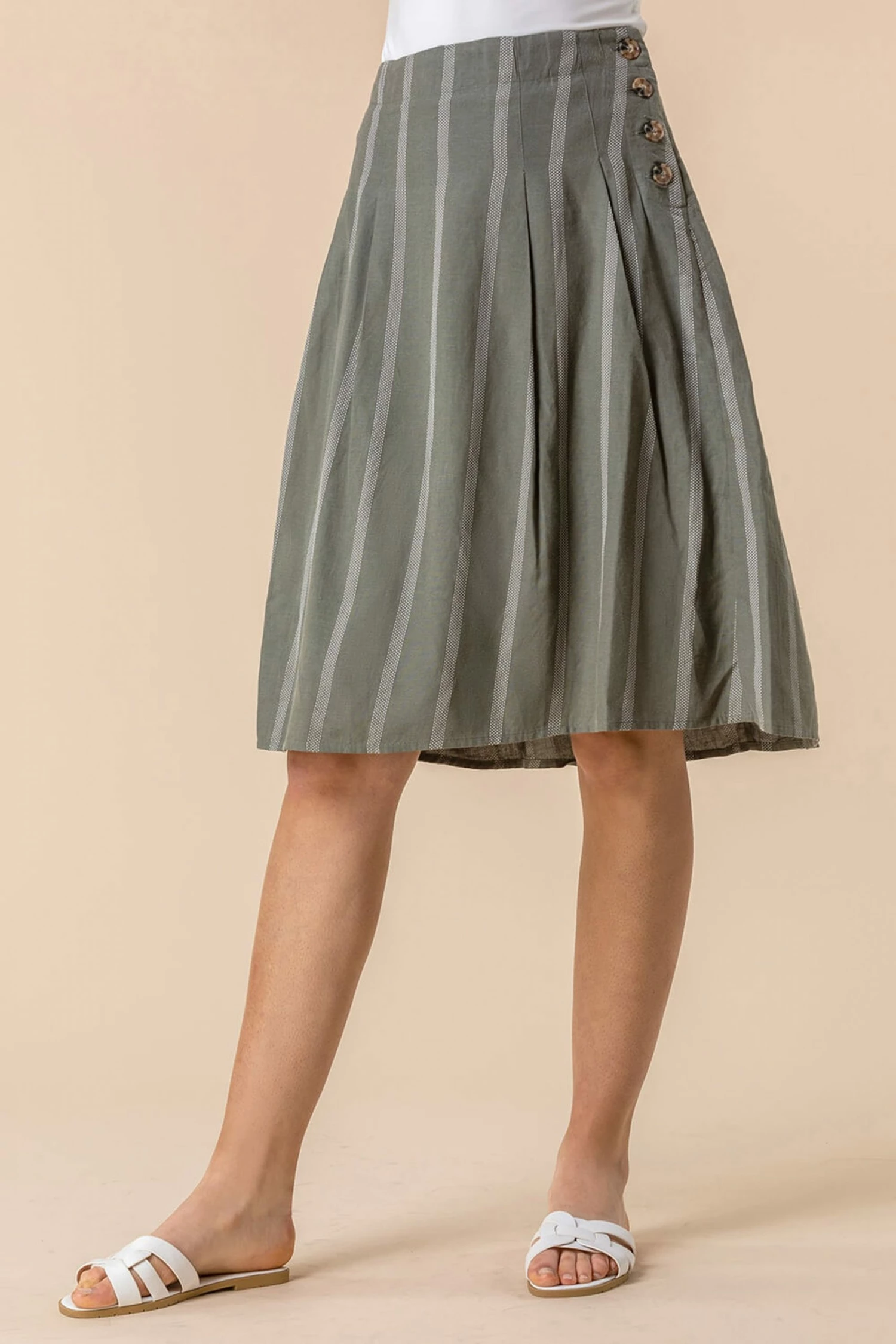 Roman Green Stripe Print Button A-Line Skirt 4 Roman Green Stripe Print Button A-Line Skirt - Image 2