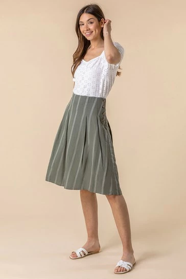 Roman Green Stripe Print Button A-Line Skirt 7 Roman Green Stripe Print Button A-Line Skirt - Image 5