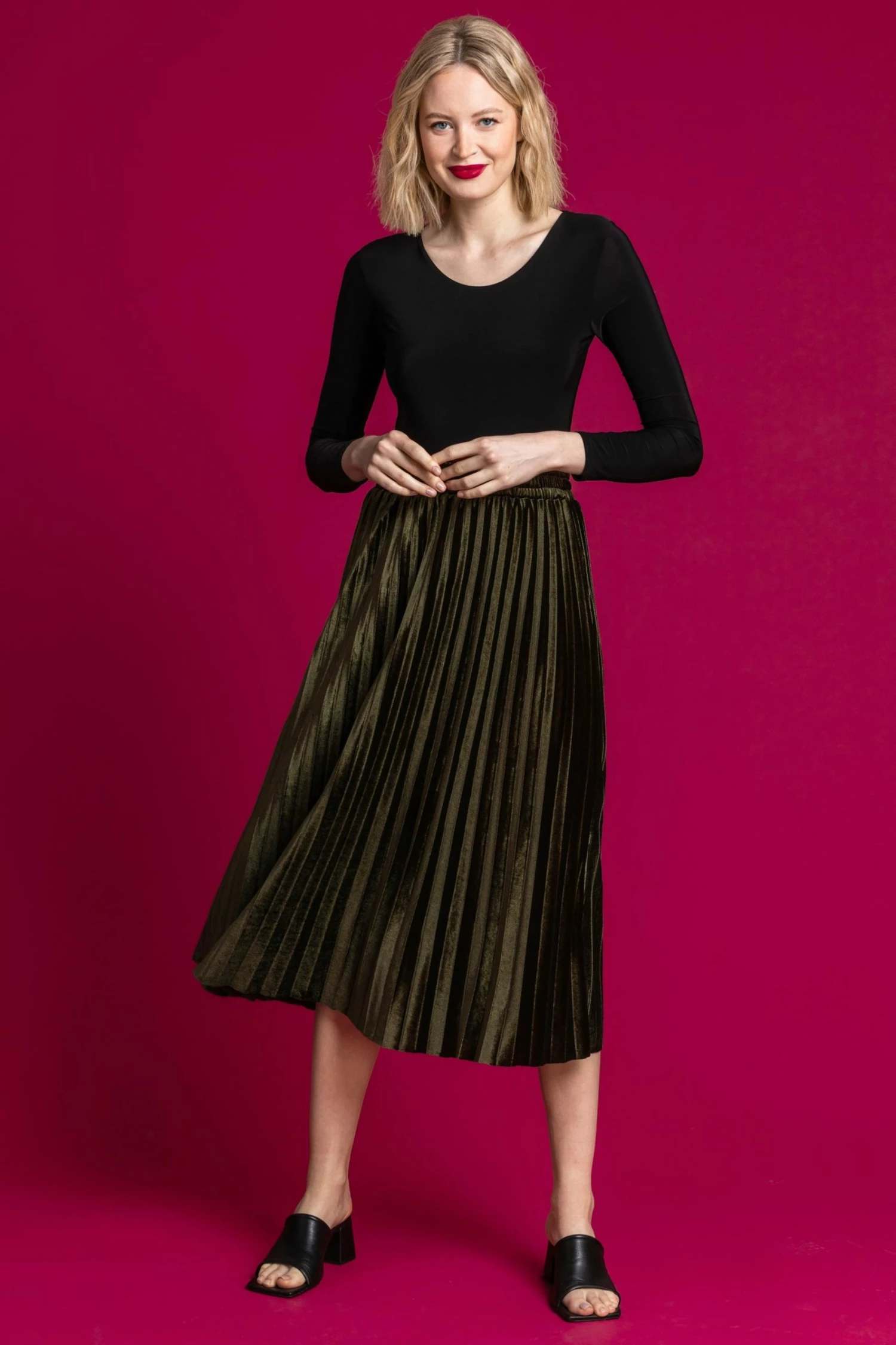 Roman Green Velour Pleated Midi Skirt 5 Roman Green Velour Pleated Midi Skirt - Image 3