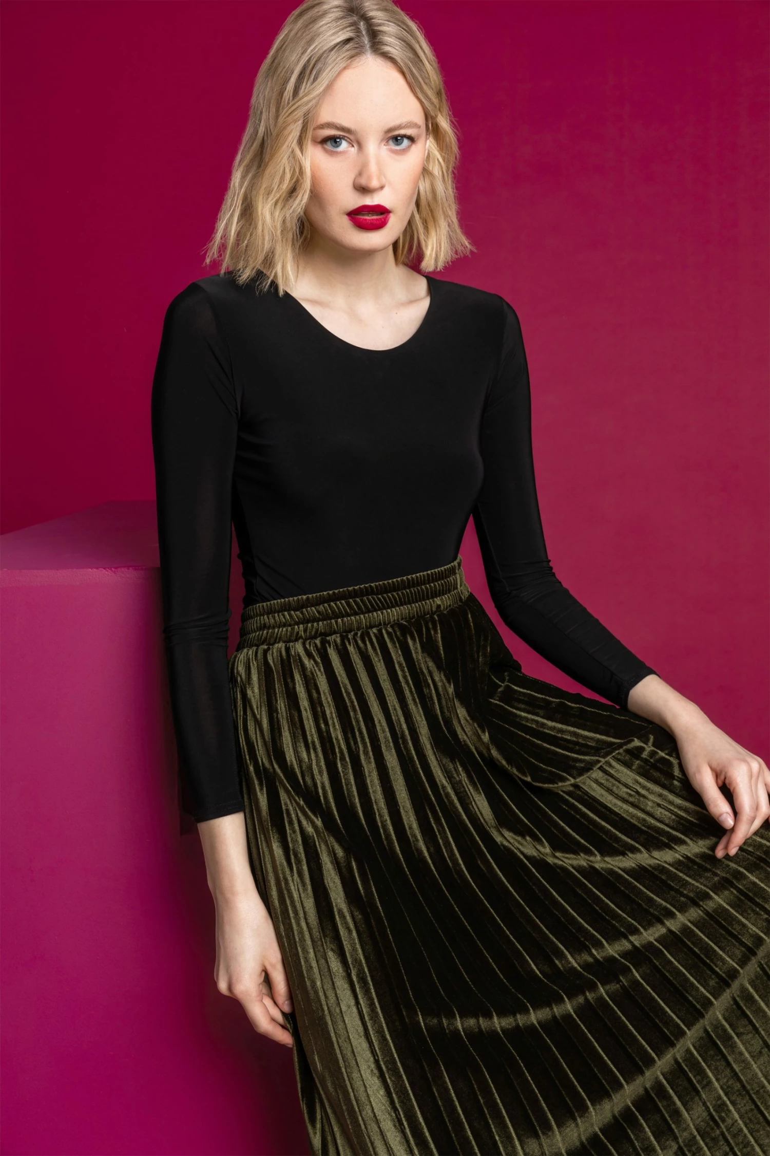 Roman Green Velour Pleated Midi Skirt 6 Roman Green Velour Pleated Midi Skirt - Image 4