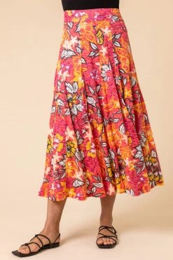 Roman Pink Tropical Floral Burnout Midi Skirt