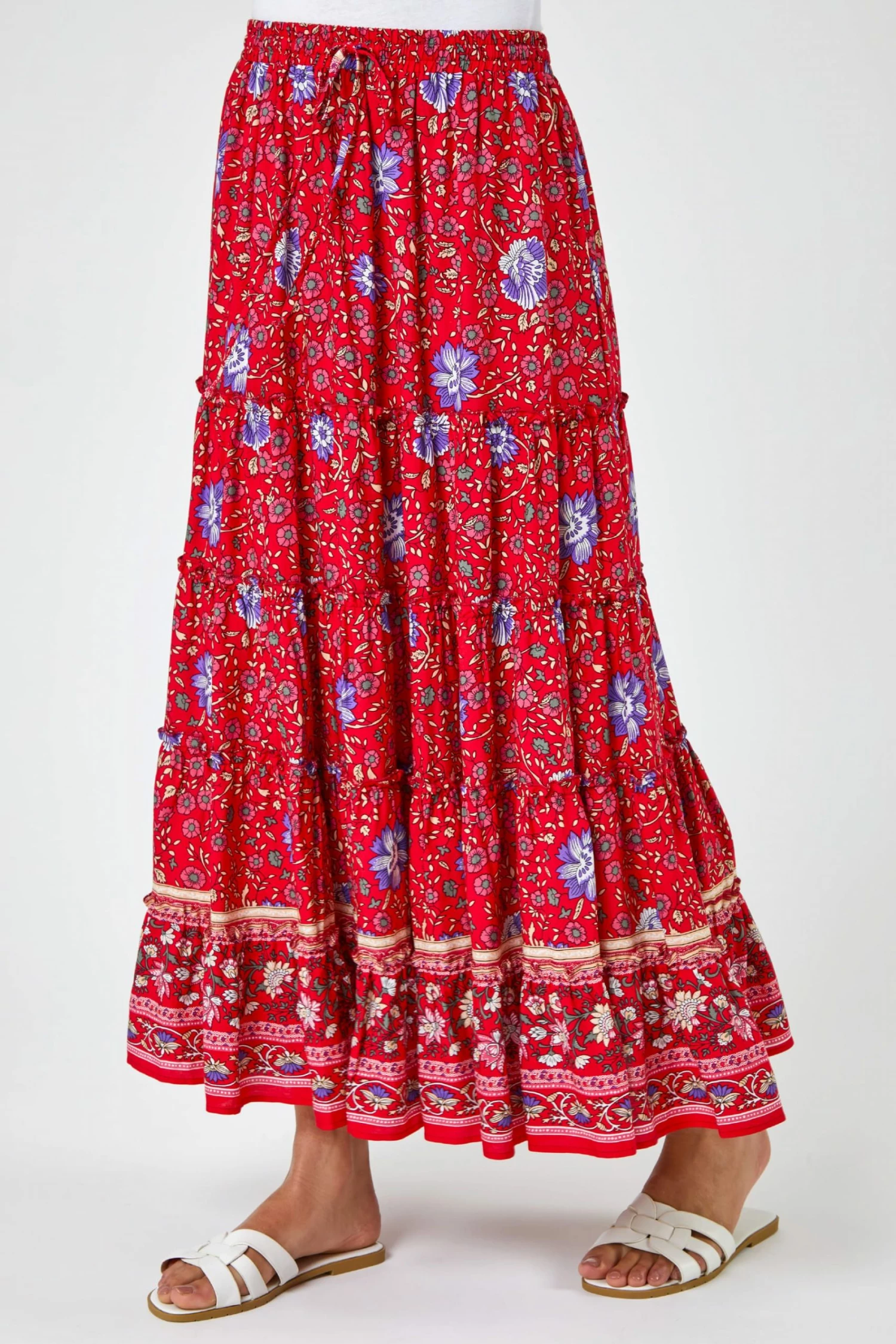 Roman Red Boho Floral Print Tiered Maxi Skirt 3 Roman Red Boho Floral Print Tiered Maxi Skirt