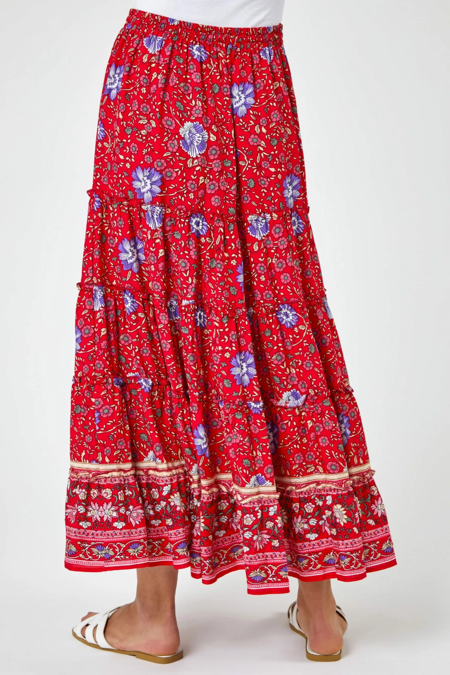 Roman Red Boho Floral Print Tiered Maxi Skirt 4 Roman Red Boho Floral Print Tiered Maxi Skirt - Image 2