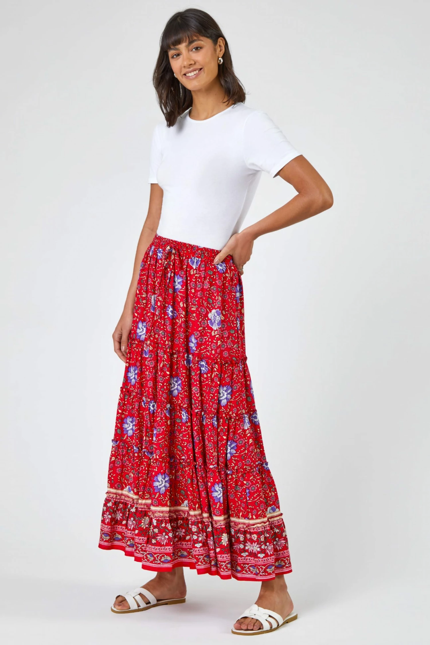 Roman Red Boho Floral Print Tiered Maxi Skirt 5 Roman Red Boho Floral Print Tiered Maxi Skirt - Image 3